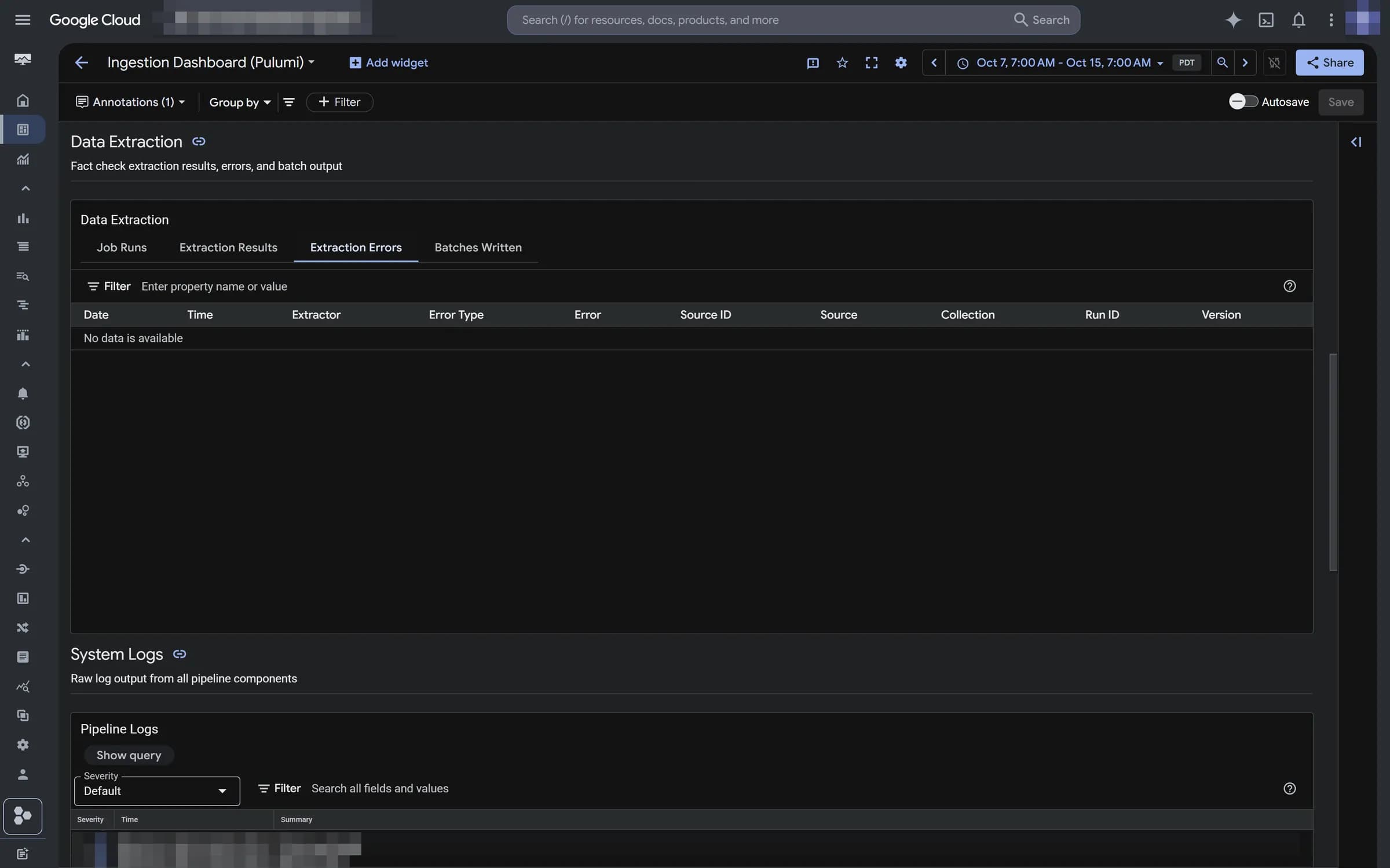 Dashboard view of failures per source in the extraction stage