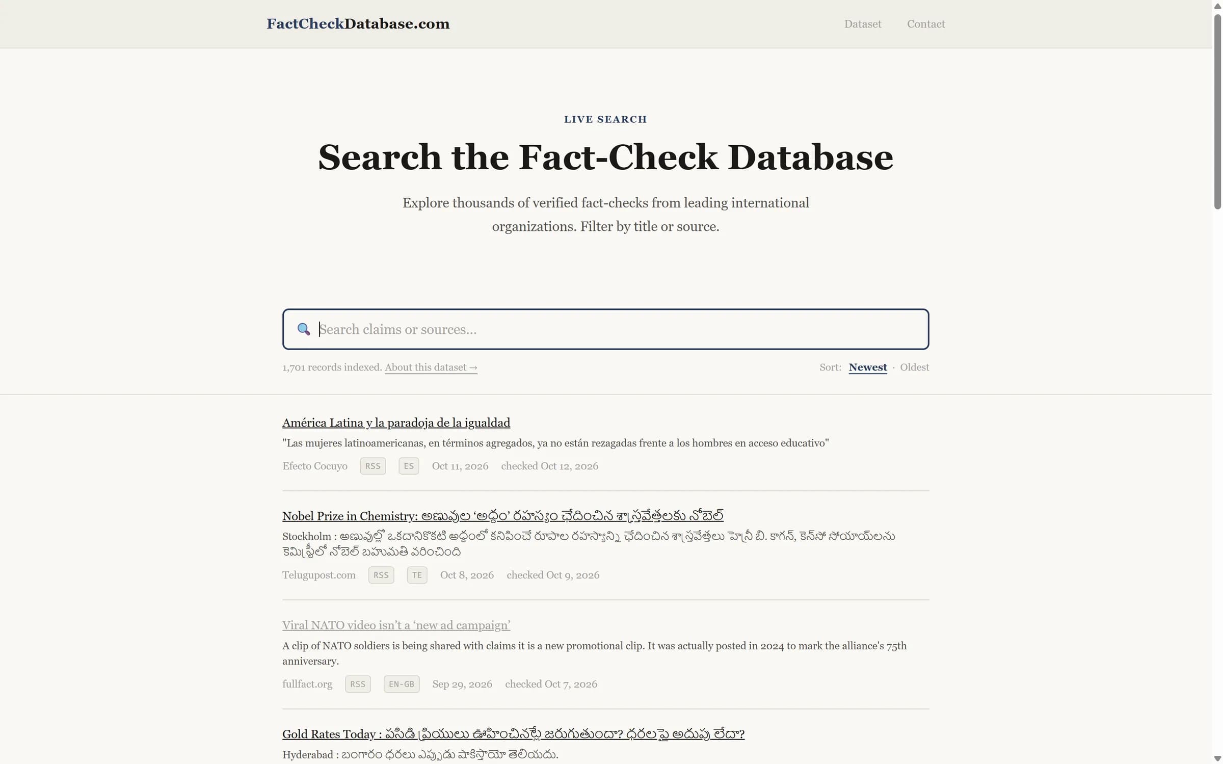 The landing page of the public Fact Check Database site and its search functionality