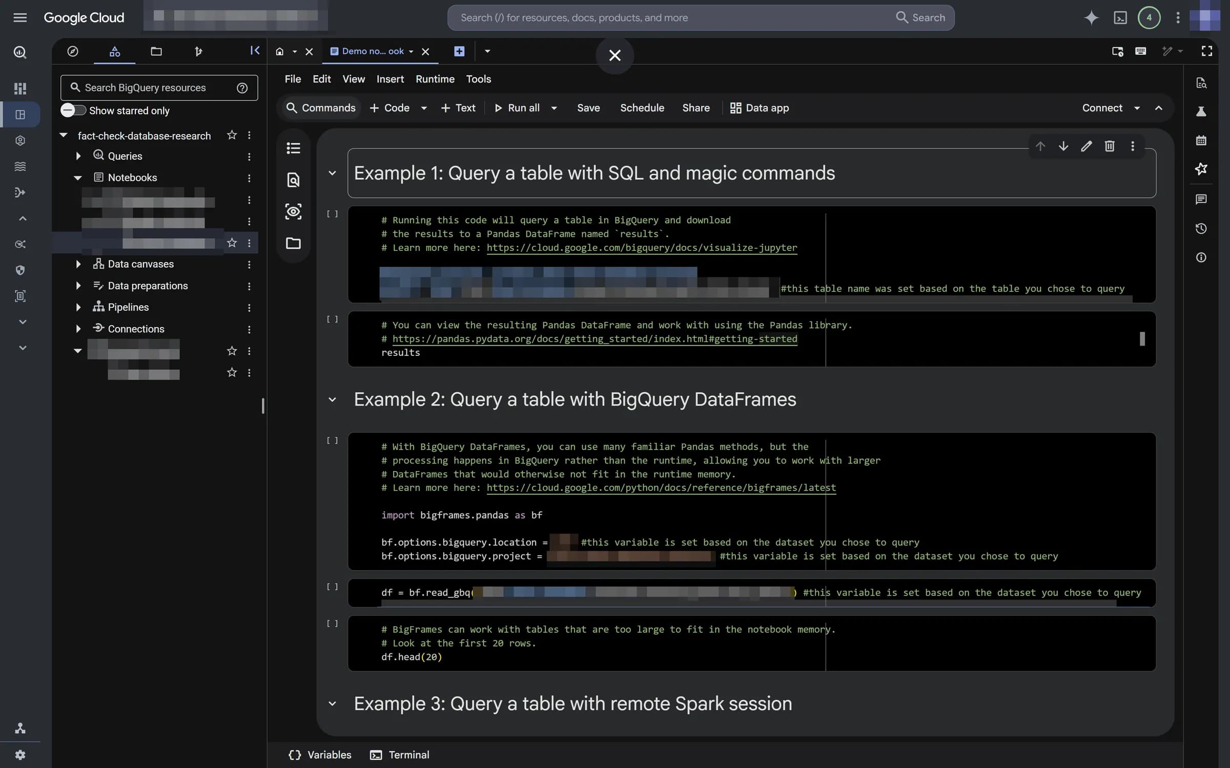 A Jupyter notebook querying the research dataset as Python dataframes