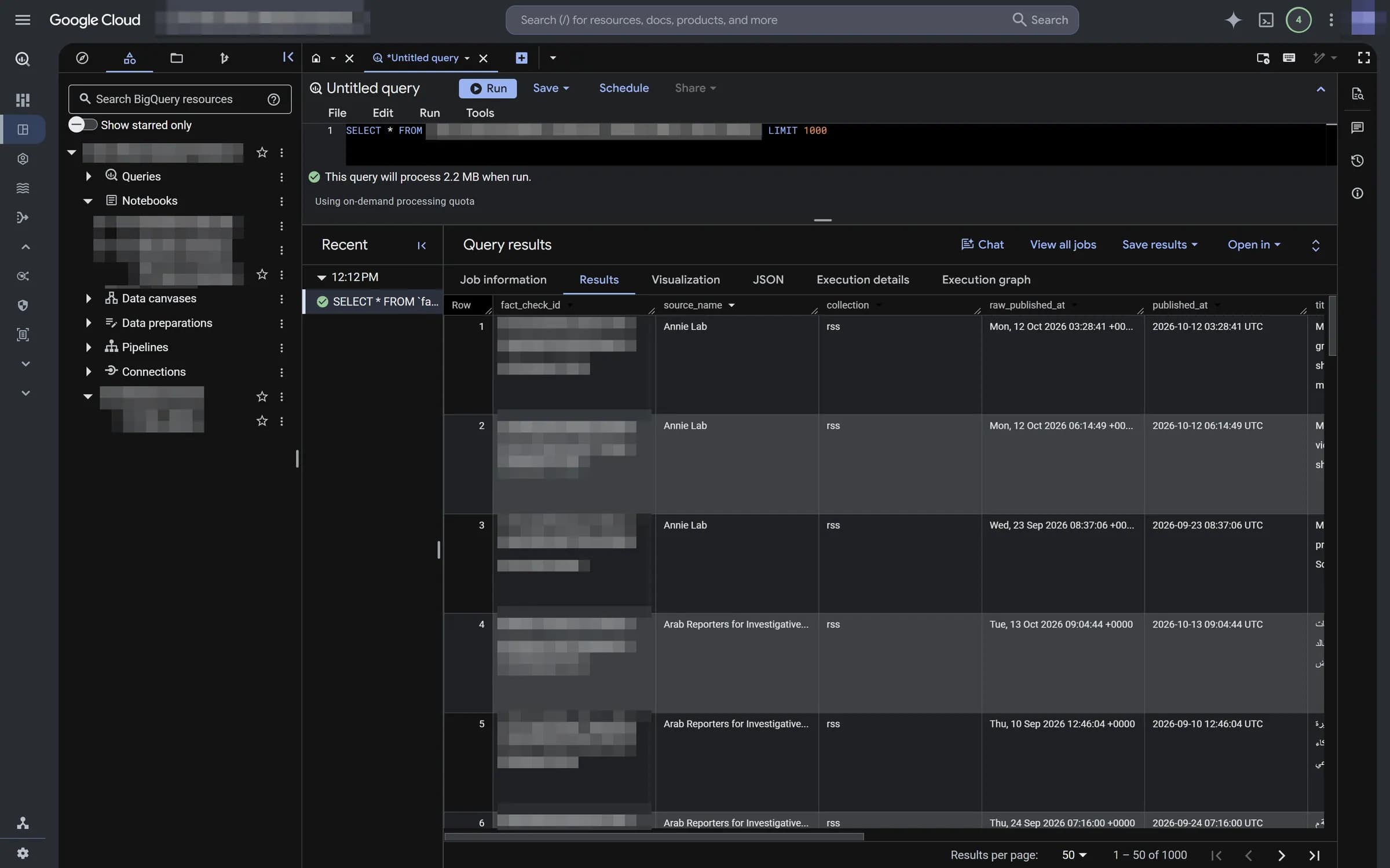 A SQL query against the research dataset in BigQuery Studio